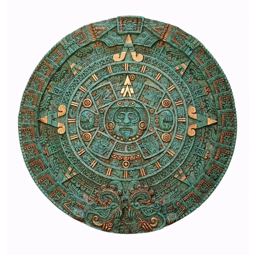 Vtg Large 17” Aztec Sun Wall Calendar Green Crushed Malachite Stone Mayan Felted
